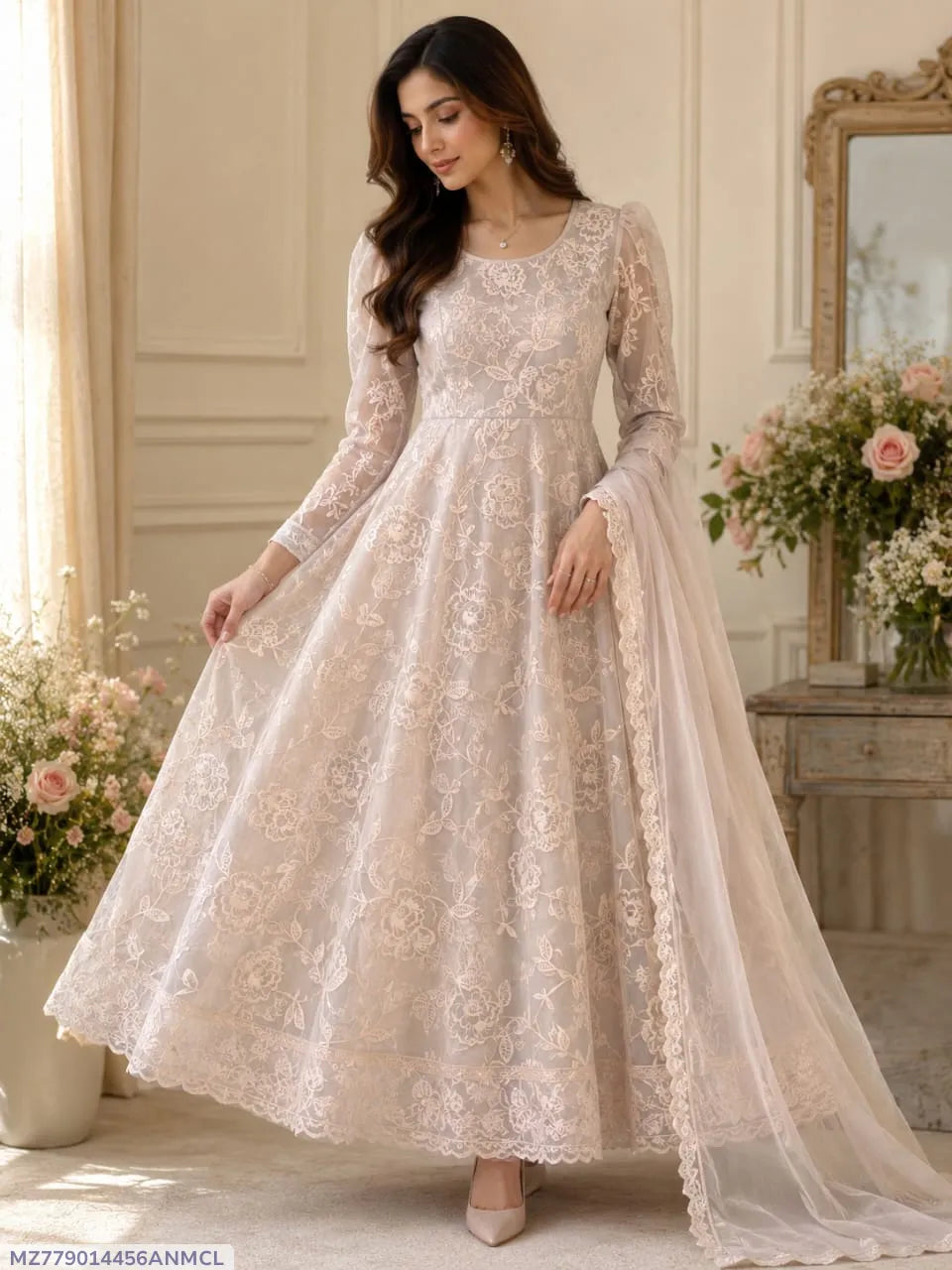 Pakistani Embroidered Lehenga Set Light Pink Net