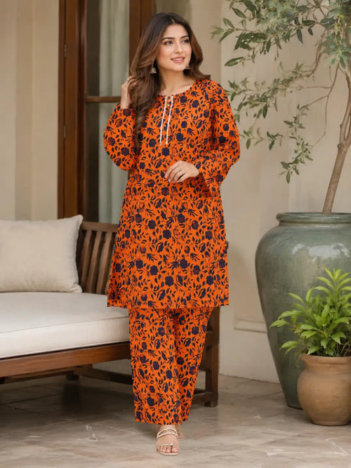 2 Pcs Women's Stitched Cotton Lawn Printed Shirt And Trouser
