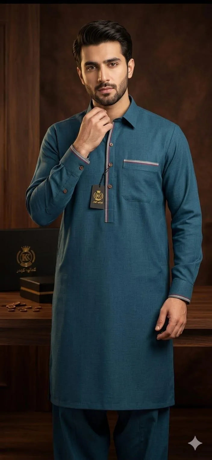 Turquoise Khaddar Men Suit 3.5m Cut