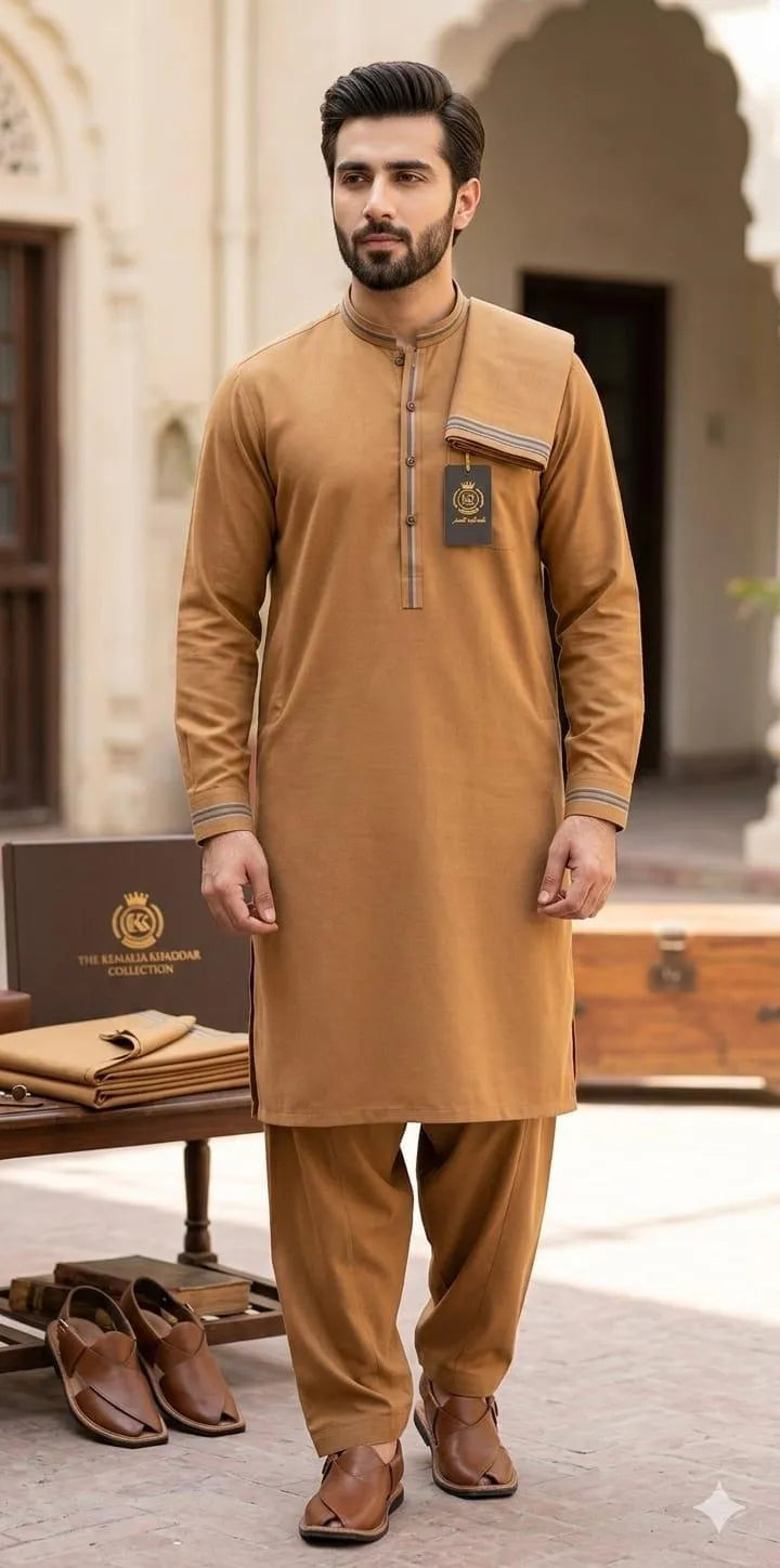 Brown Khaddar Men Suit with 8 Buttons