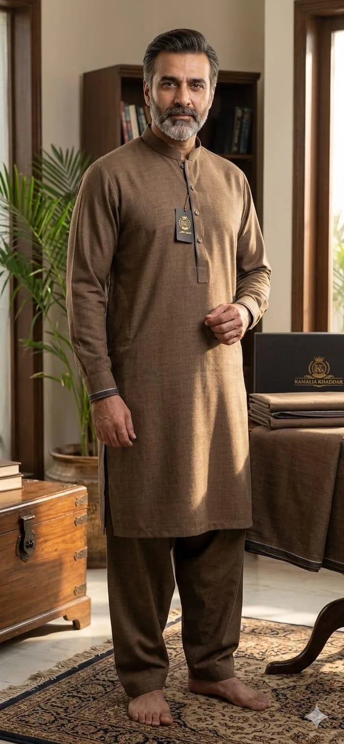 Brown Khaddar Men's Suit with 8 Buttons