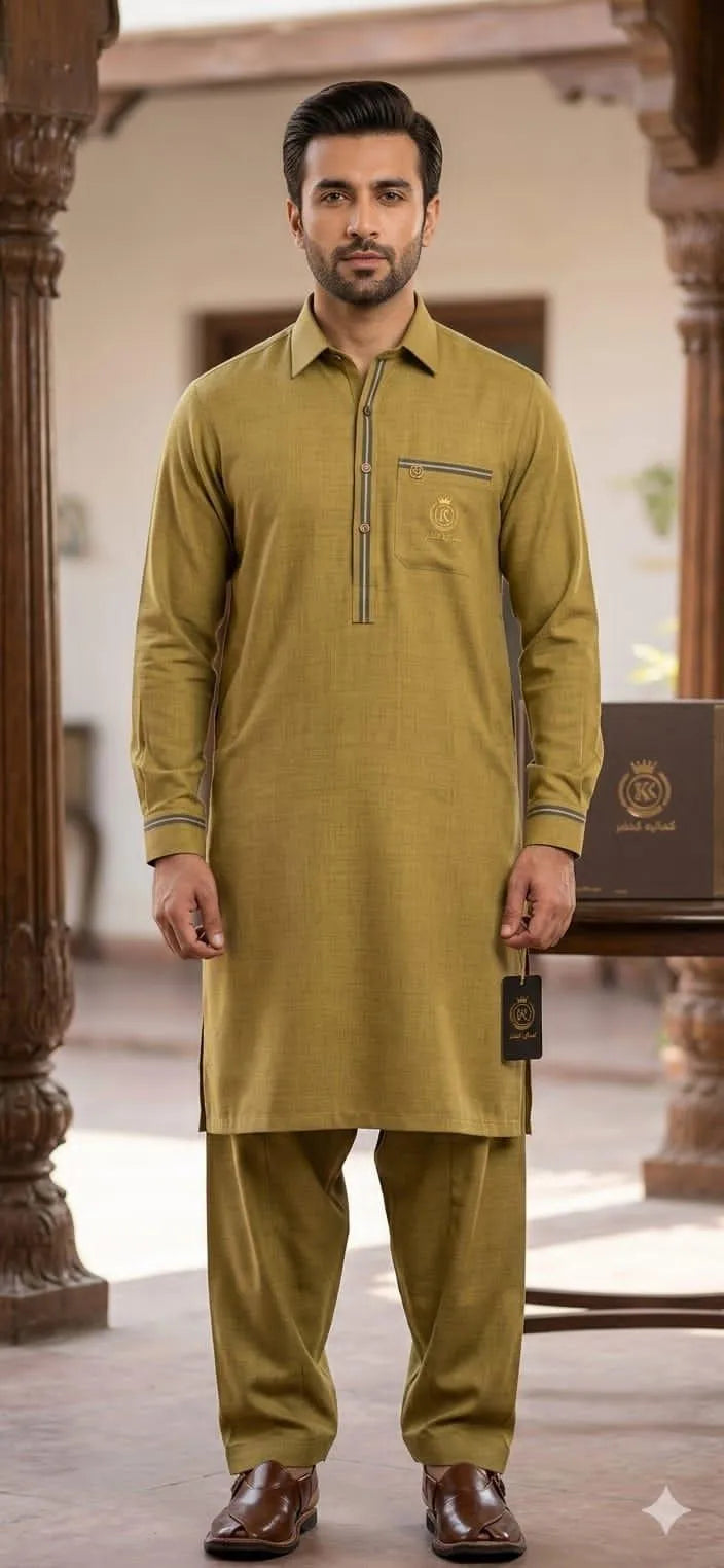 Men's Unstitched Khaddar Suit Olive Green 4.5M