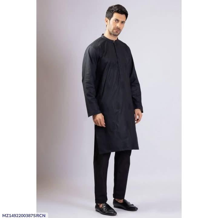 Men's Black Cotton Unstitched Suit Summer Wear