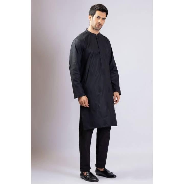 Men's Black Cotton Unstitched Suit Summer Wear