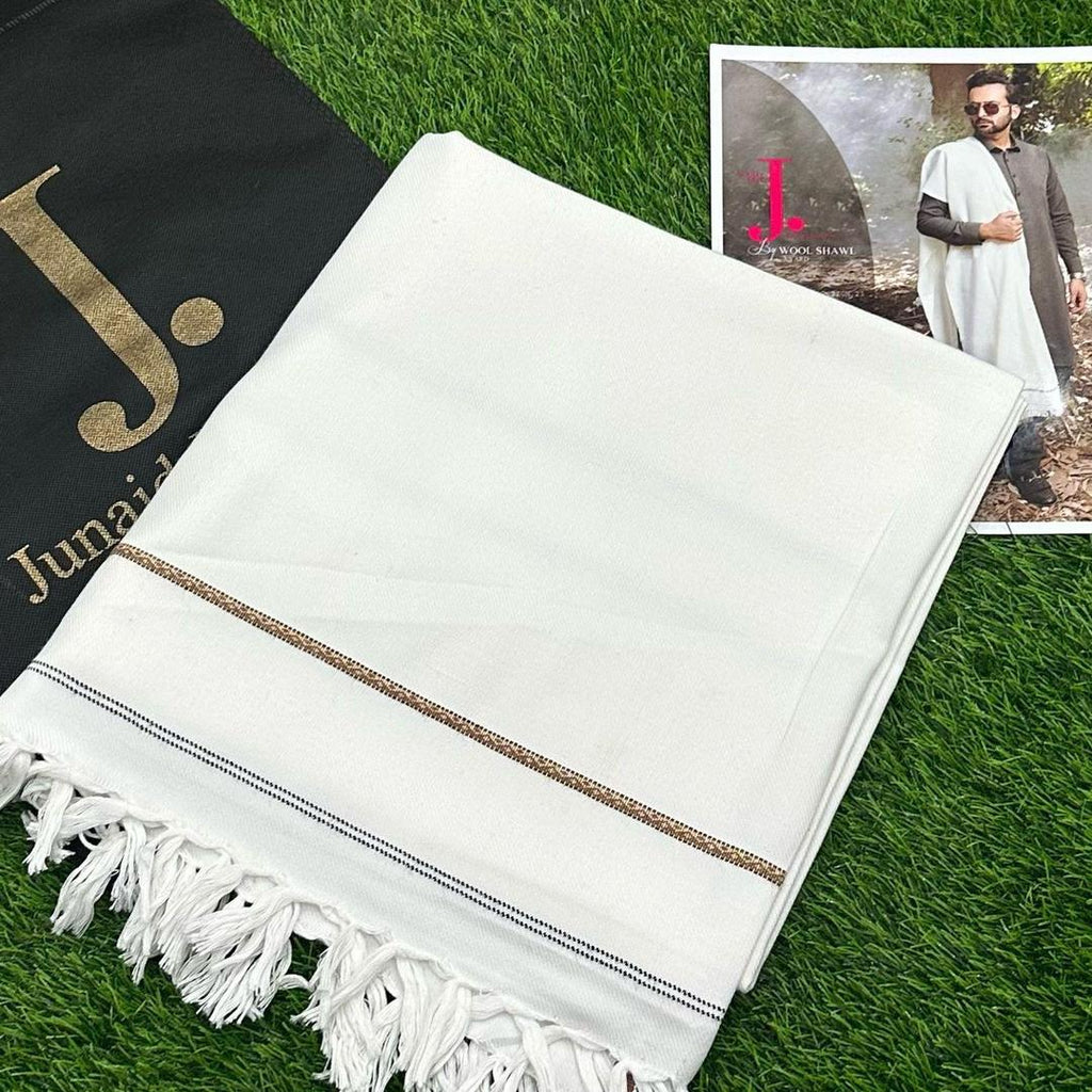Premium White Wool Shawl with Brown Black Trim
