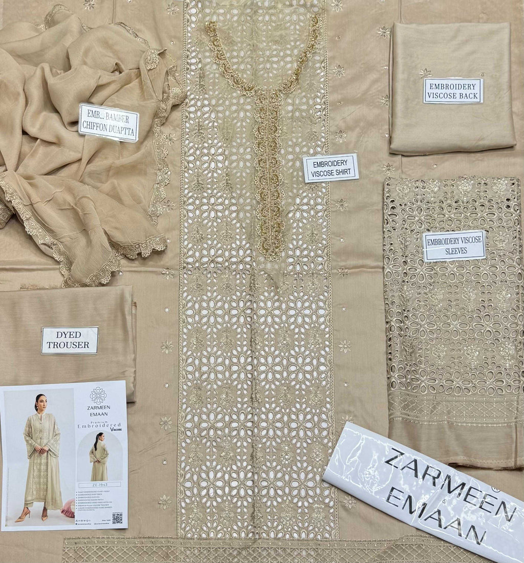 Zarmeen Emaan Article 934 Luxury Embroidered Shirt Front Back Sleeves Neckline Daman Patch Premium Viscose Trouser Pure Bamber Chiffon Dupatta