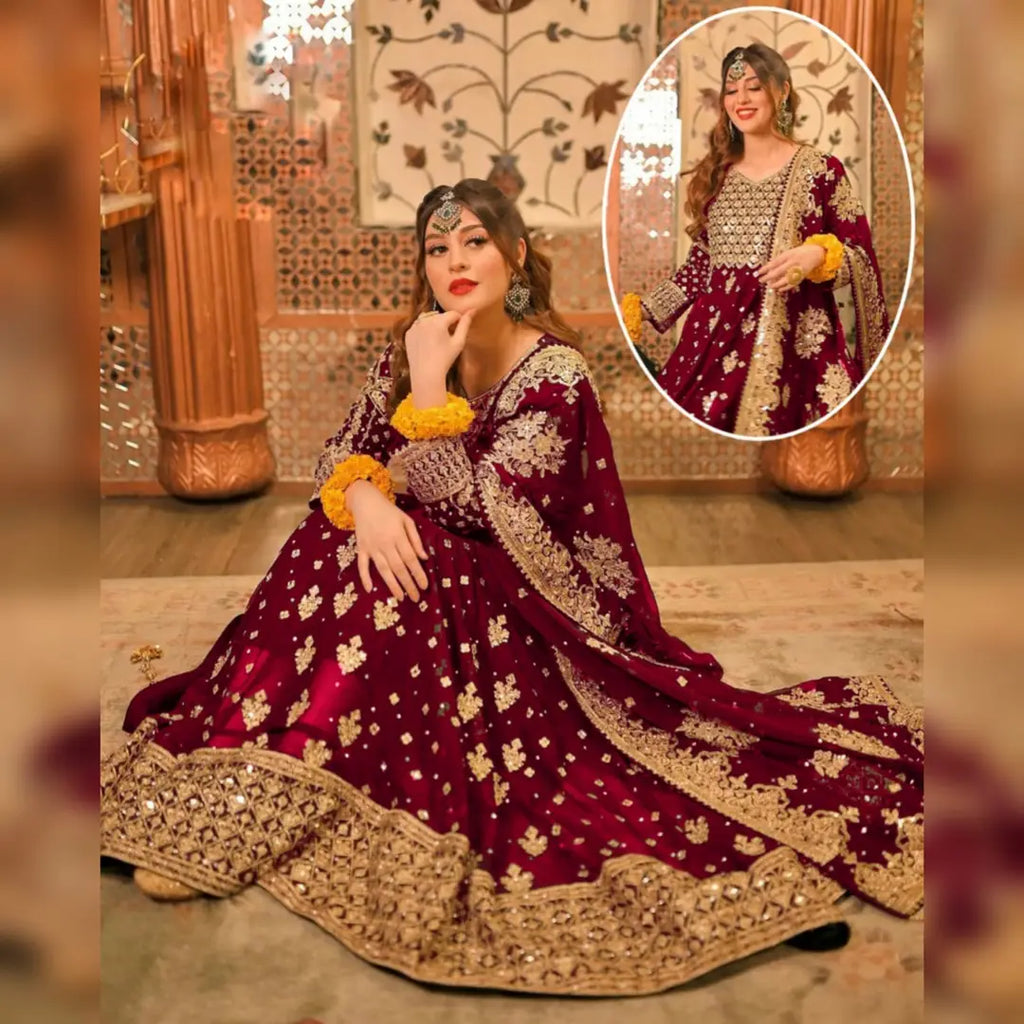 3 Pcs Women's Stitched Chiffon Hand Work Maxi And Trouser