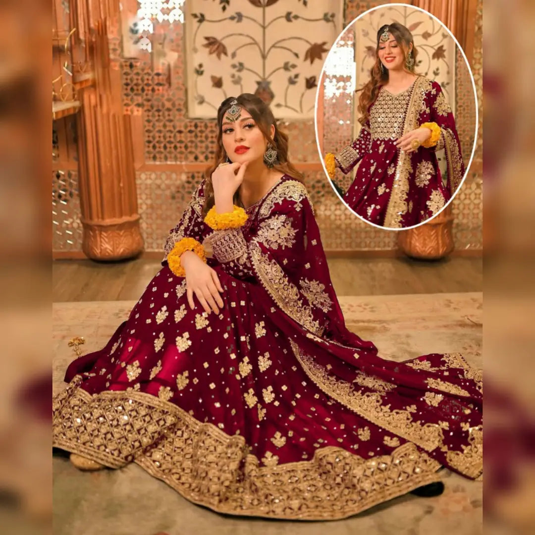 3 Pcs Women's Stitched Chiffon Hand Work Maxi And Trouser