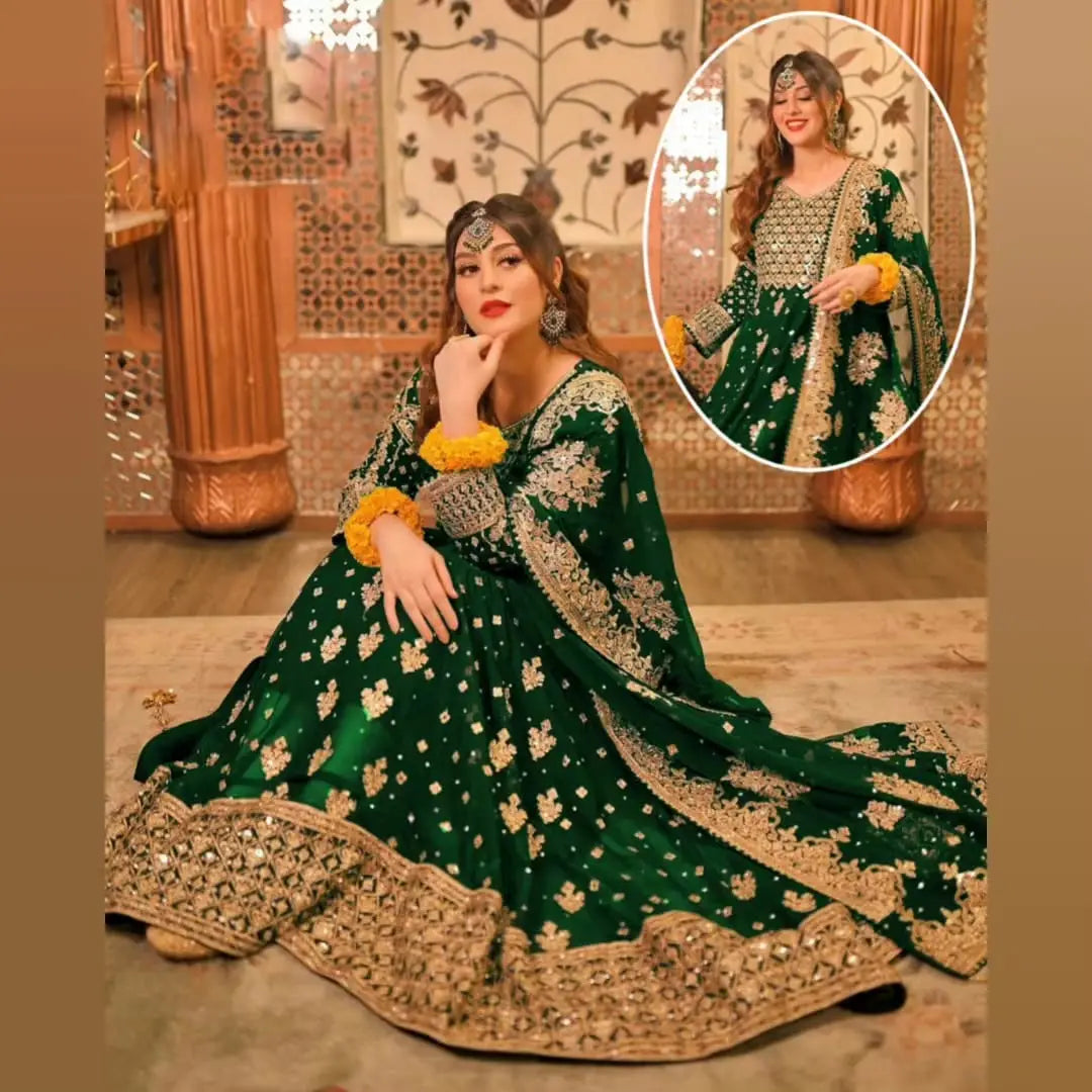3 Pcs Women's Stitched Chiffon Hand Work Maxi And Trouser