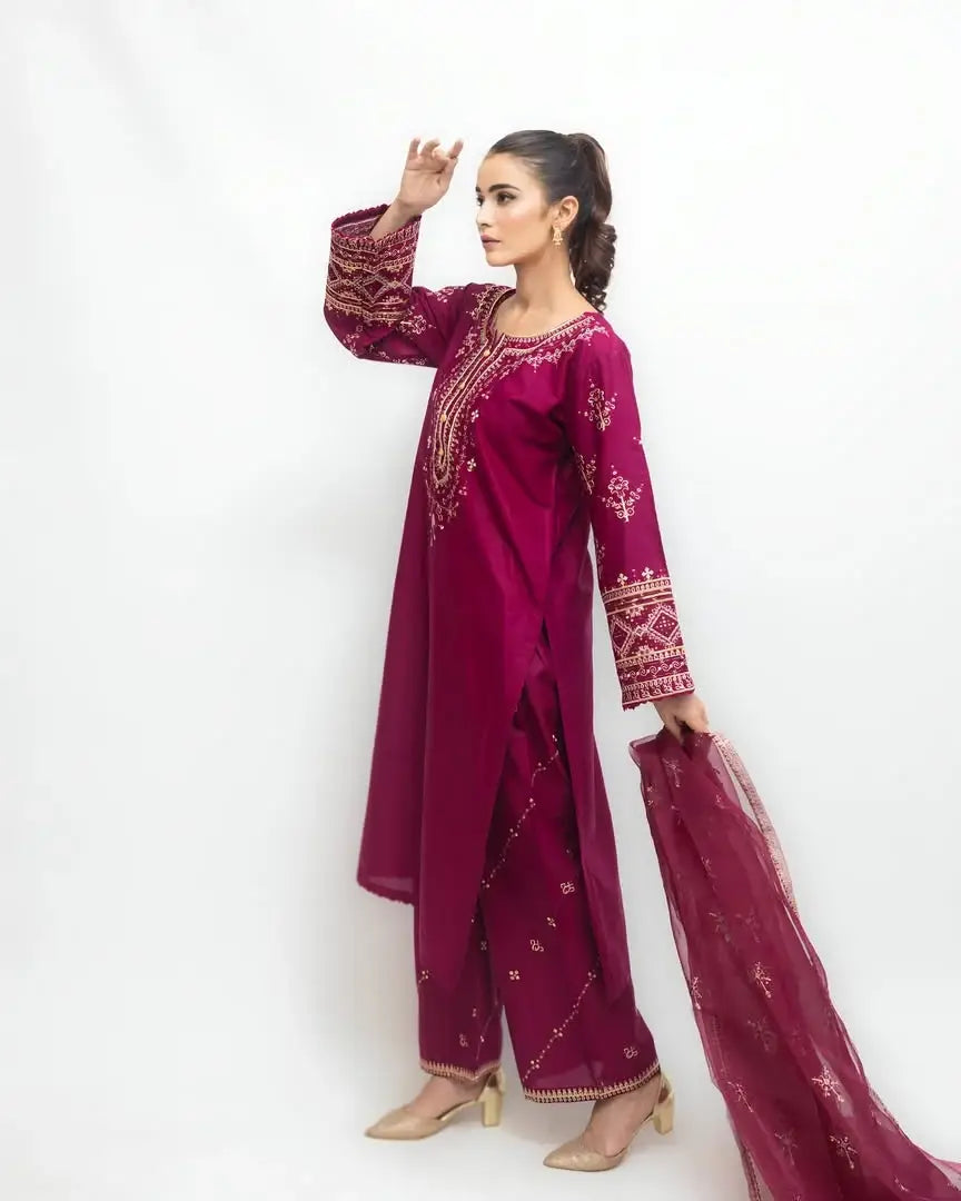Stunning Pink Embroidered Arabic Lawn Suit - 3 Pcs Set