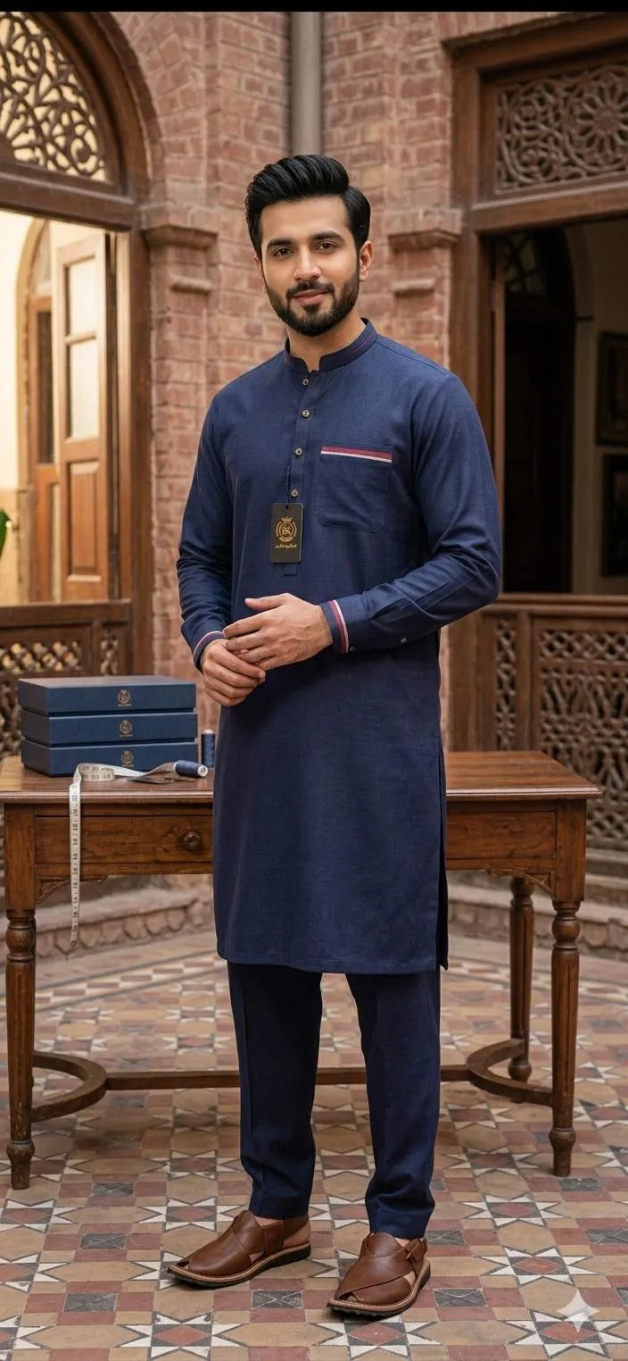 Men Khaddar Plain Blue Suit Summer