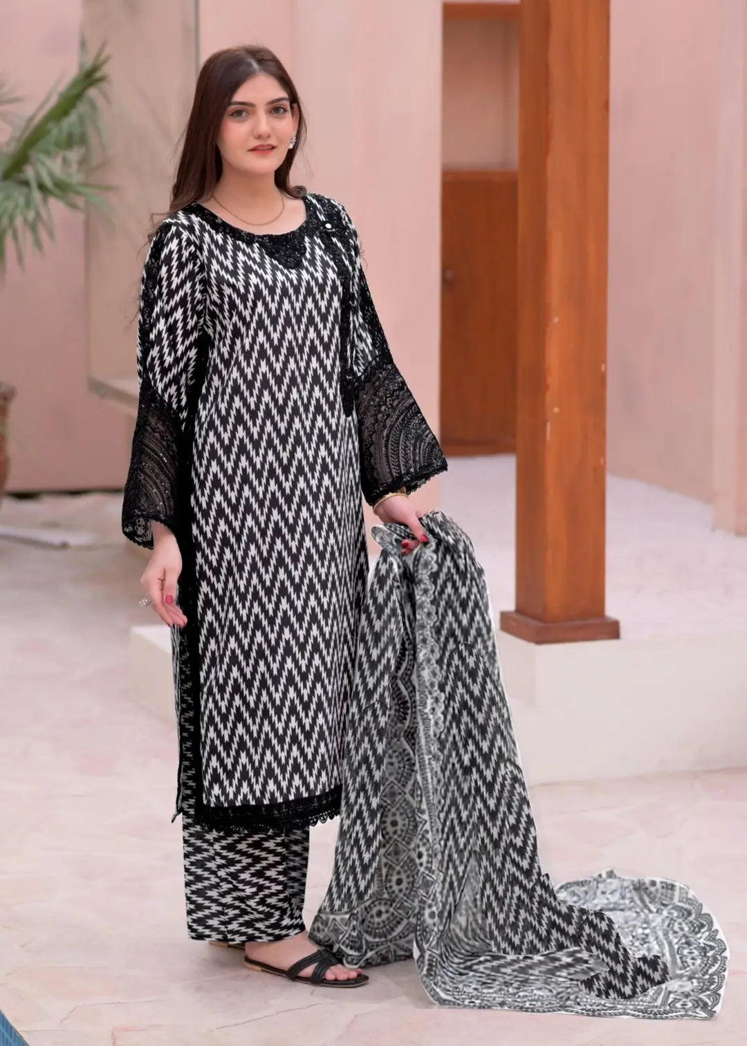 Women's 3 Piece Doria Lawn Suit with Mirror Work & Digital Print | Heavy Sequin Embroidered Shirt, Printed Trouser (Flapper) & Monar Dupatta | Summer Collection