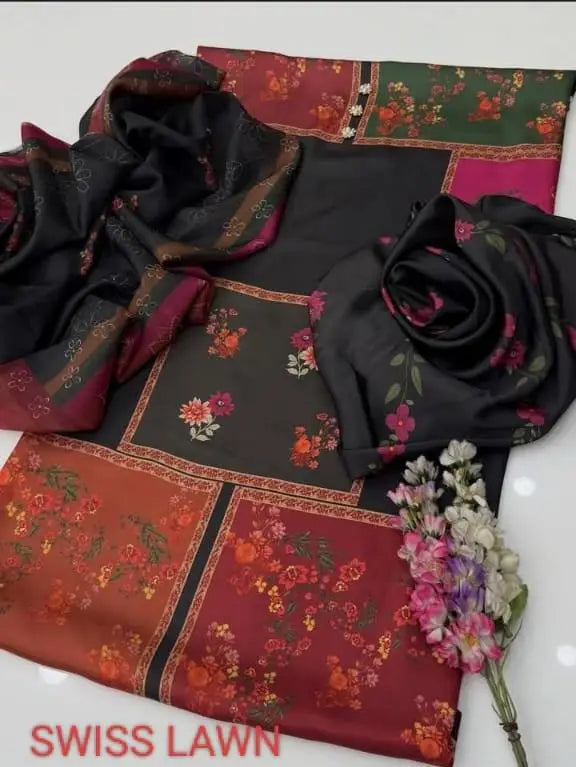 Unstitched Digital Printed Swiss Lawn 3 Piece Suit for Women | Floral Printed Swiss Lawn Shirt & Trouser with Poly Silk Dupatta | Summer Lawn Collection