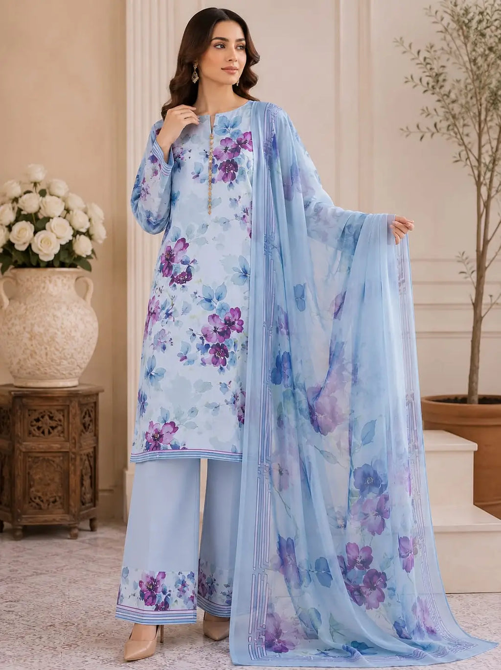 Digital Printed 3 Piece Swiss Lawn Suit for Women – Floral Print Lawn Shirt & Trouser with Original Crinkle Chiffon Dupatta | Summer Casual Dress | Pakistani Lawn Collection