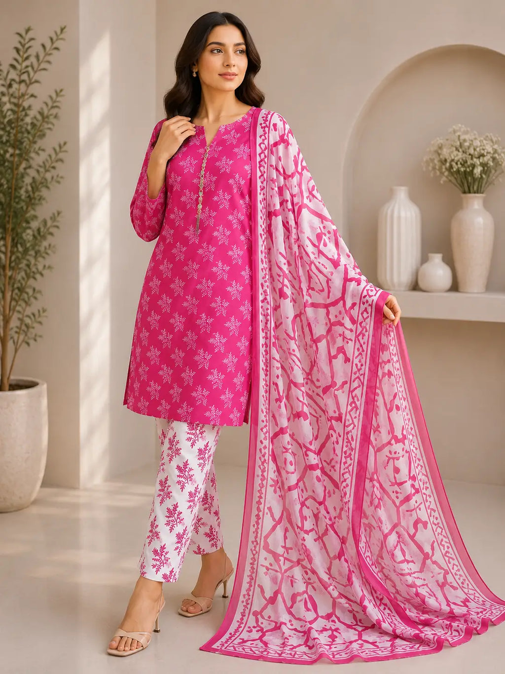 3 Piece Swiss Lawn Suit for Women - Digital Printed Lawn Dress with Crinkle Chiffon Dupatta