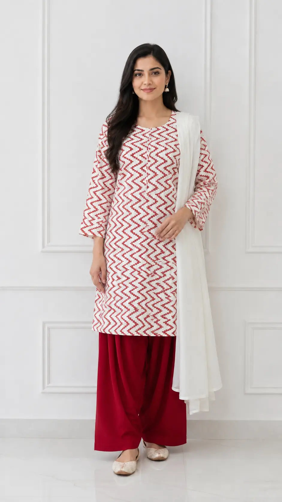 3Pcs Women's Stitched Cotton Lawn Block Printed Suit with Farshi Shalwar