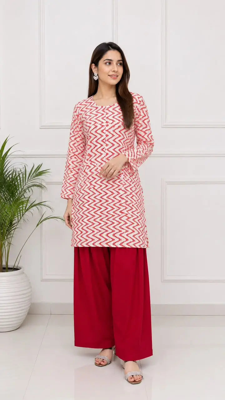 3Pcs Women's Stitched Cotton Lawn Block Printed Suit with Farshi Shalwar