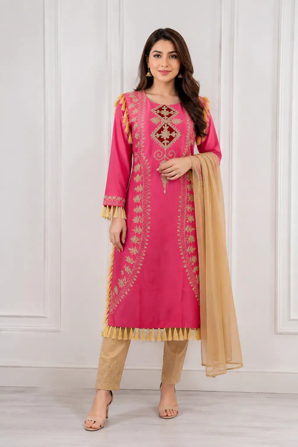 3 Pcs Women's Stitched Linen Hand Embroidered Suit