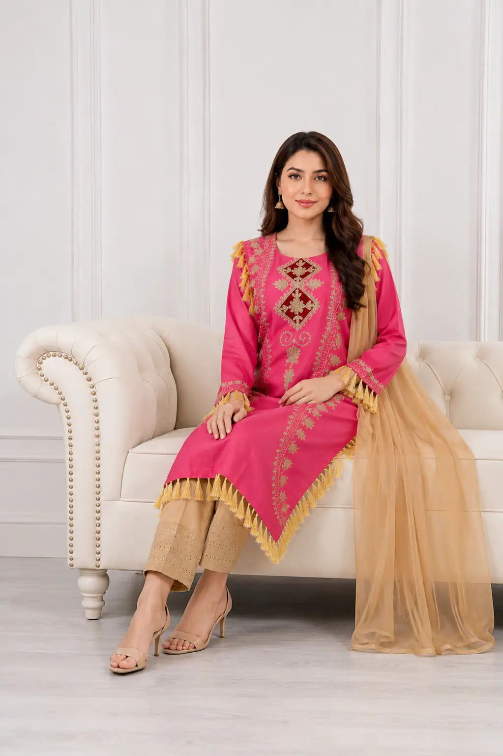 3 Pcs Women's Stitched Linen Hand Embroidered Suit