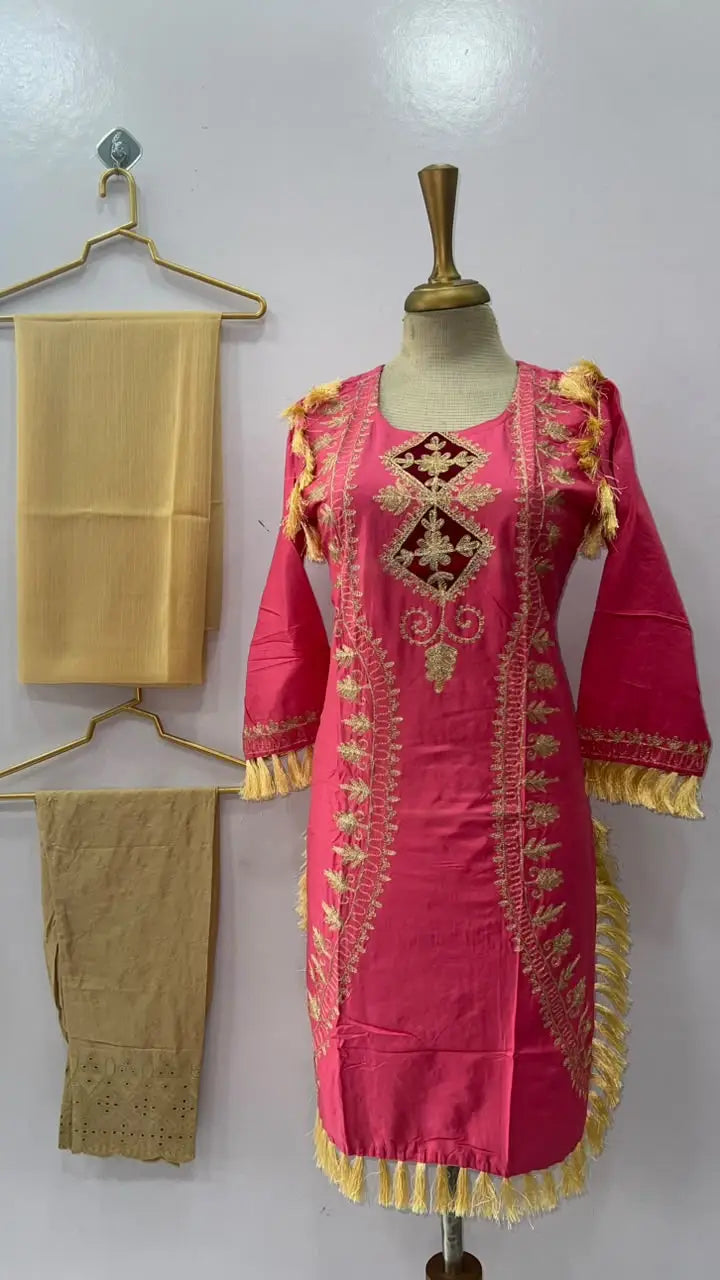 3 Pcs Women's Stitched Linen Hand Embroidered Suit