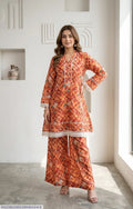 2Pcs Women's Stitched Lawn Digital Print Frock And Trouser with Milky Lace (Hajra)