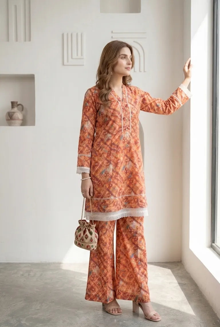 2Pcs Women's Stitched Lawn Digital Print Frock And Trouser with Milky Lace (Hajra)