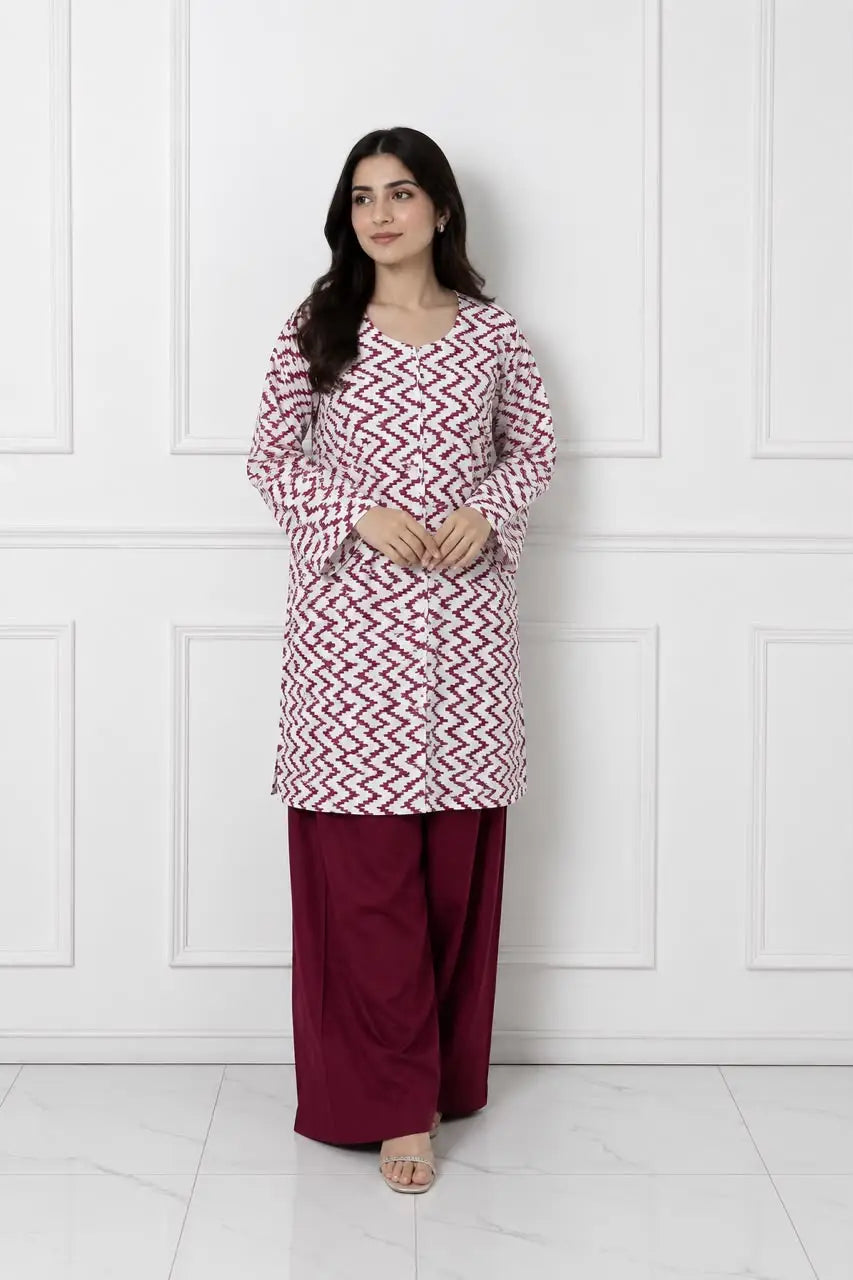 2 Pcs Women's Stitched Cotton Lawn Block Printed Shirt And Farshi Shalwar