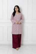 2 Pcs Women's Stitched Cotton Lawn Block Printed Shirt And Farshi Shalwar