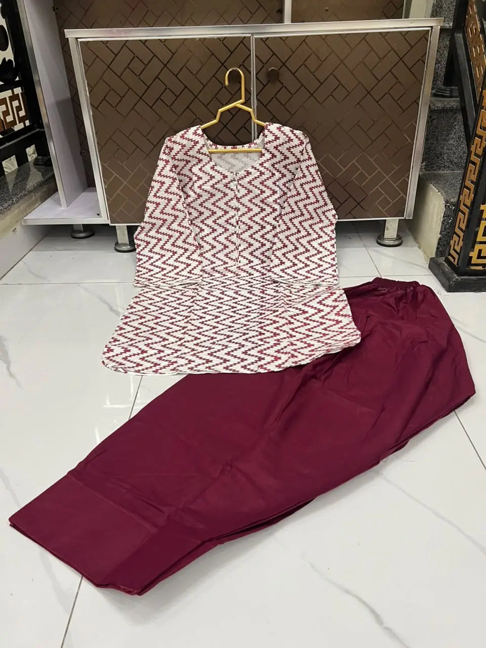 2 Pcs Women's Stitched Cotton Lawn Block Printed Shirt And Farshi Shalwar