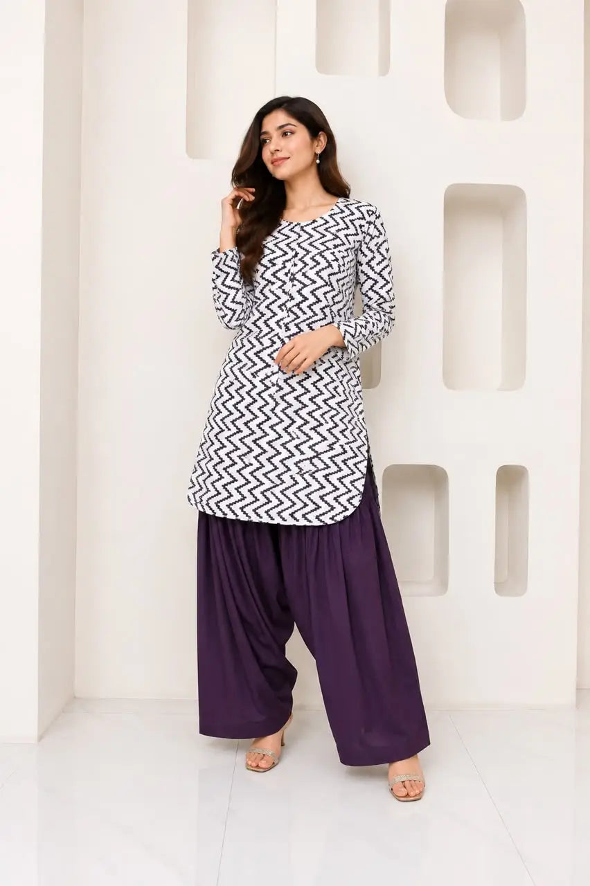 2 Pcs Women's Stitched Cotton Lawn Block Printed Shirt And Farshi Shalwar