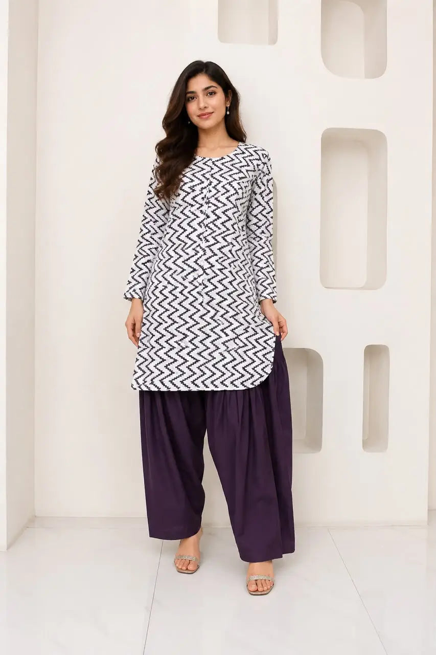 2 Pcs Women's Stitched Cotton Lawn Block Printed Shirt And Farshi Shalwar