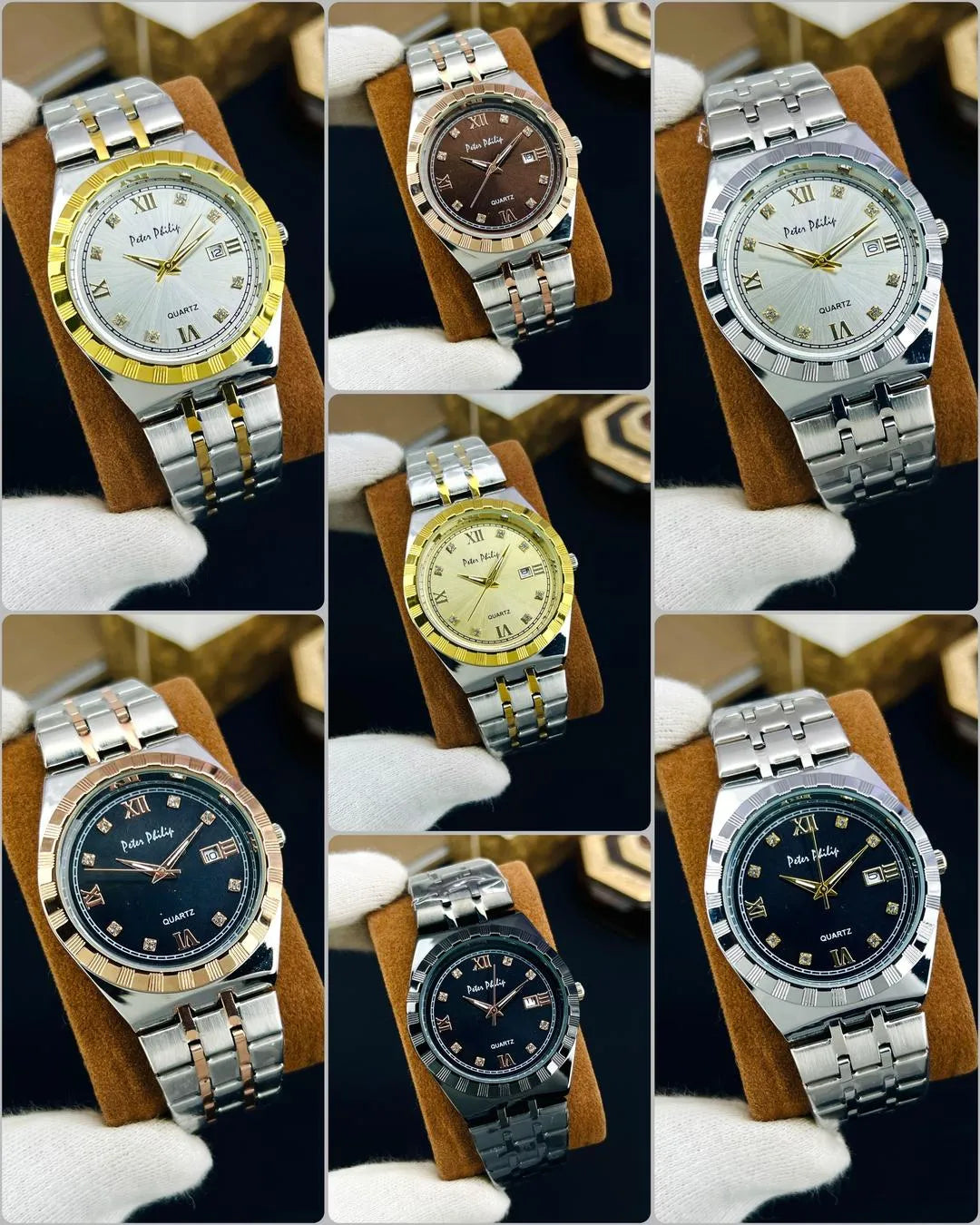 Men Rolex Style Quartz Watch Brown Gold Silver