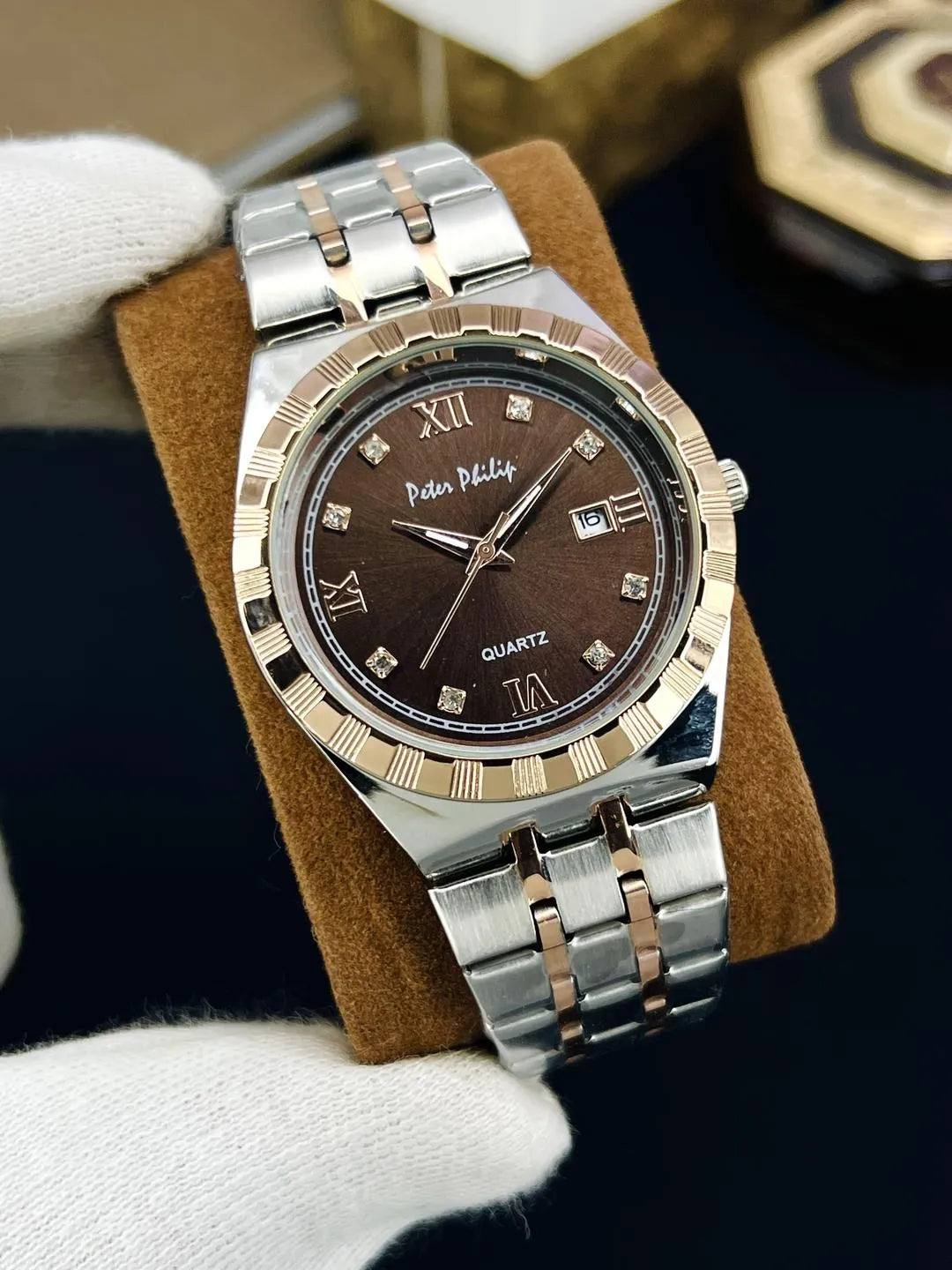Men Rolex Style Quartz Watch Brown Gold Silver