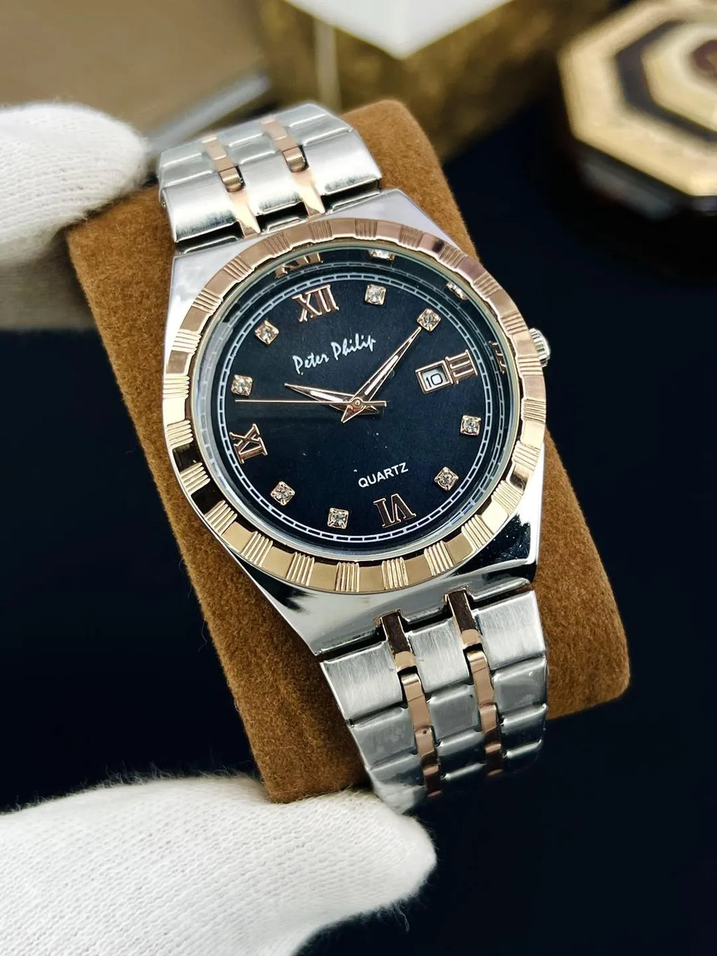 Men Rolex Style Quartz Watch Brown Gold Silver