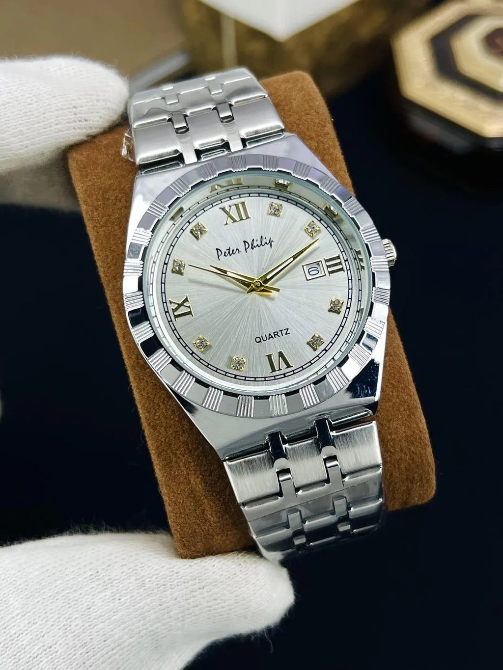 Men Rolex Style Quartz Watch Brown Gold Silver