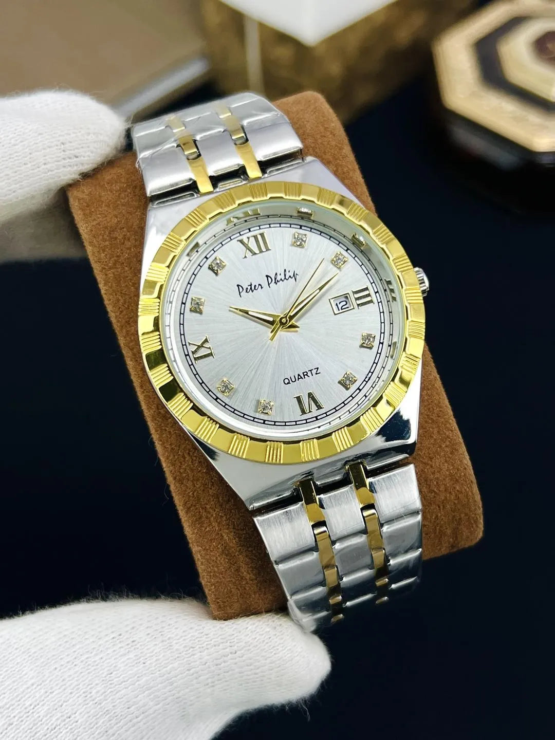 Men Rolex Style Quartz Watch Brown Gold Silver