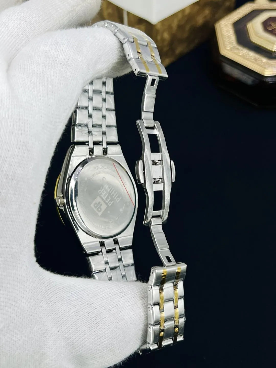 Men Rolex Style Quartz Watch Brown Gold Silver