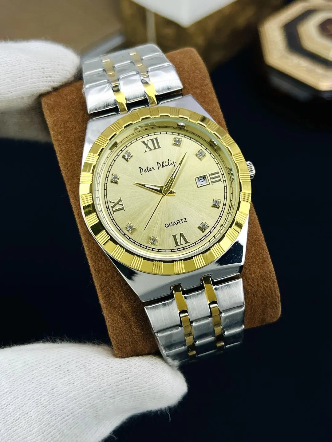 Men Rolex Style Quartz Watch Brown Gold Silver
