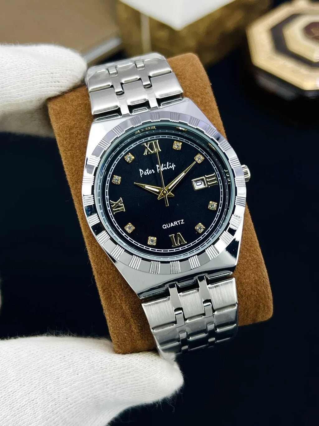 Men Rolex Style Quartz Watch Brown Gold Silver