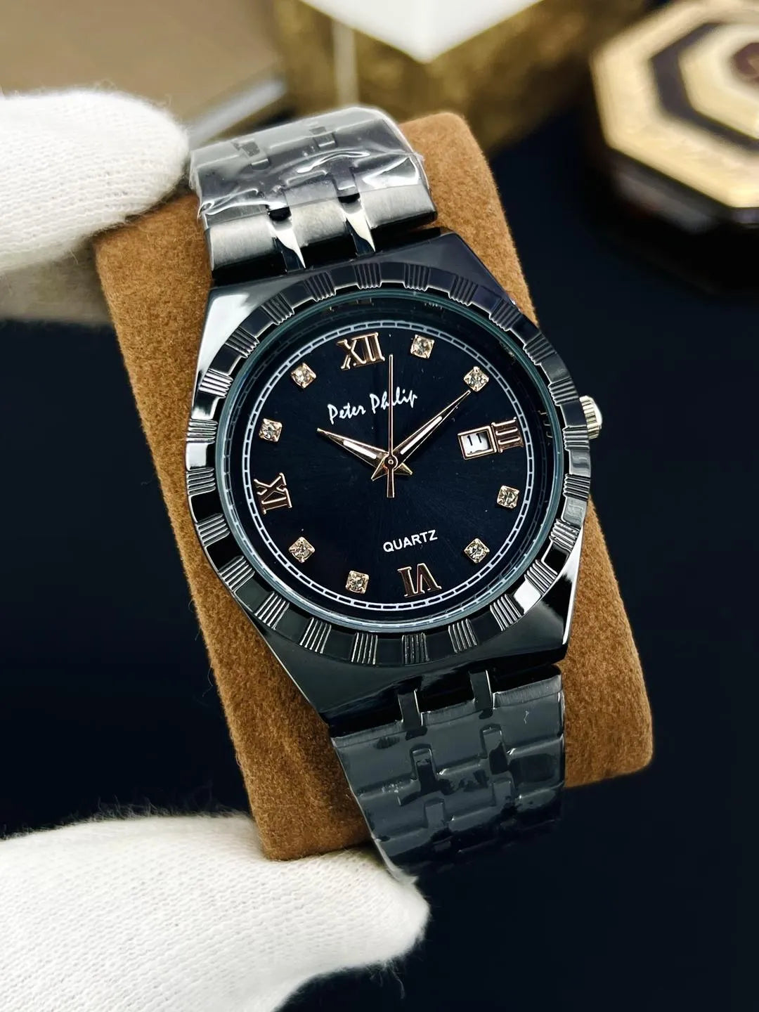 Men Rolex Style Quartz Watch Brown Gold Silver