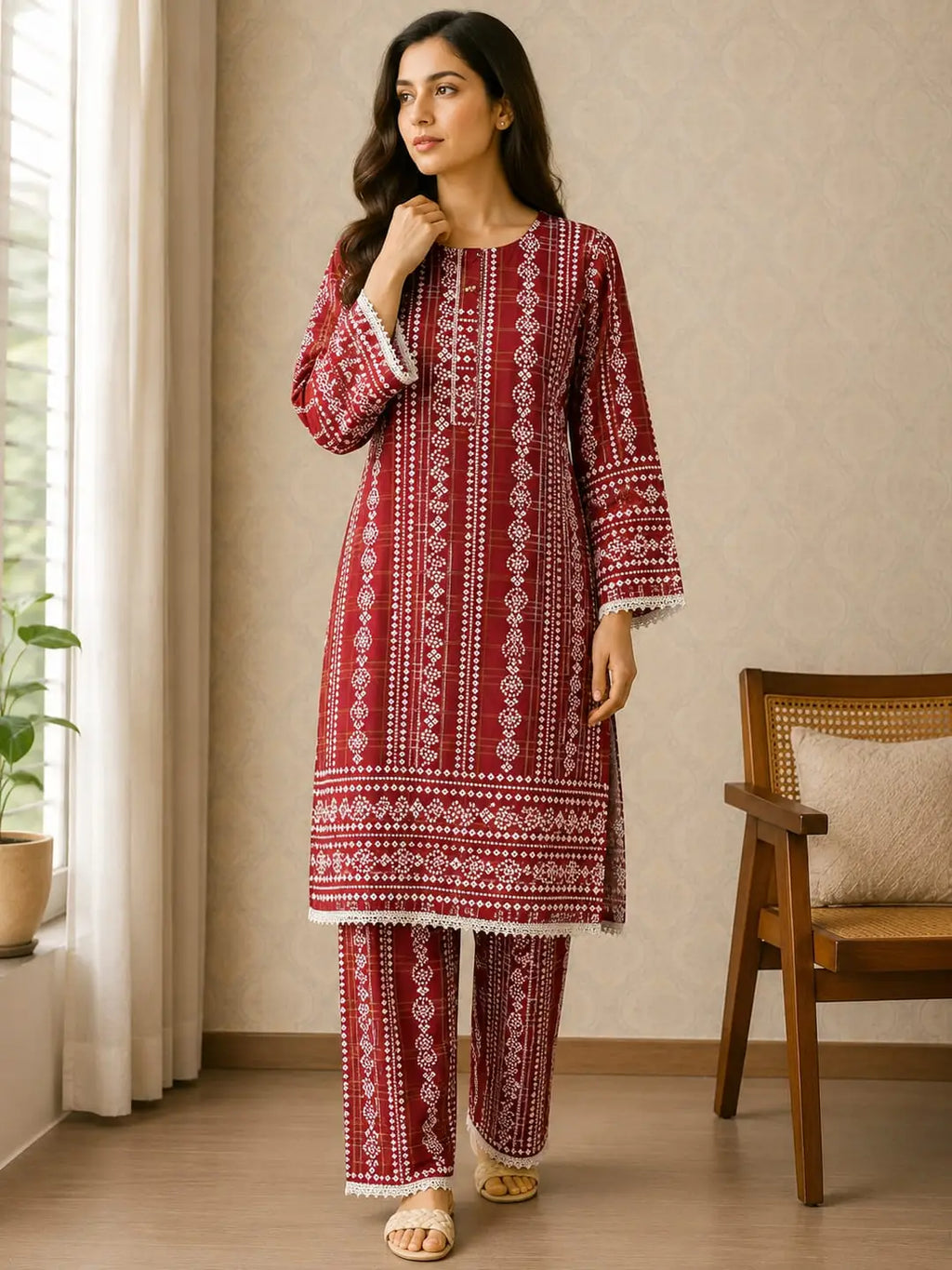 2 Pcs Women's Stitched Linen Printed Shirt And Trouser