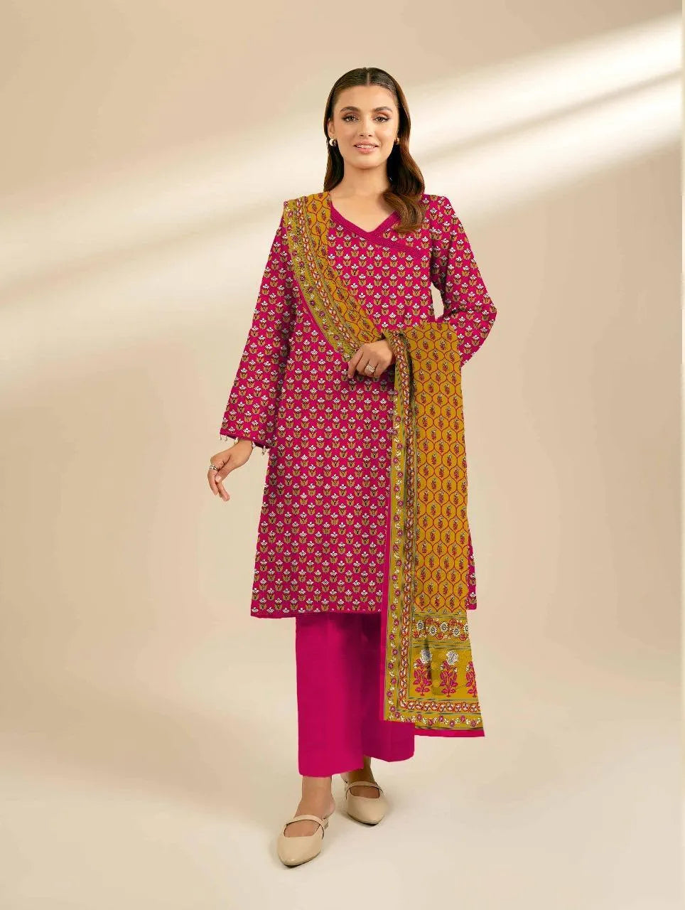 Women Linen Printed Suit Pink 3Pcs Office Casual