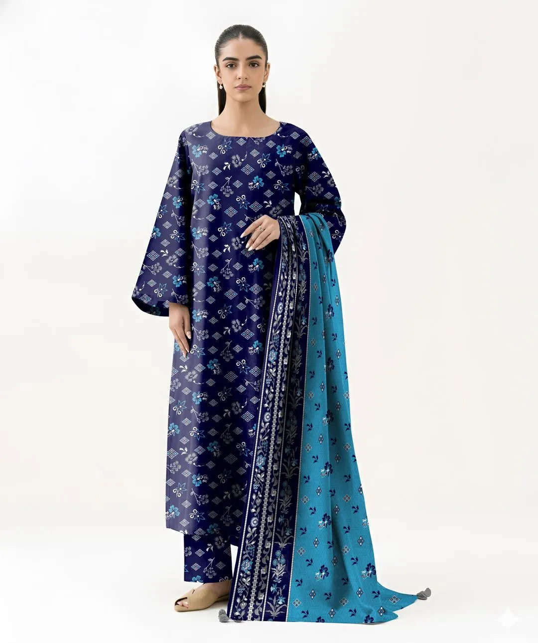 Blue Floral Printed 3-Piece Khaddar Suit for Women