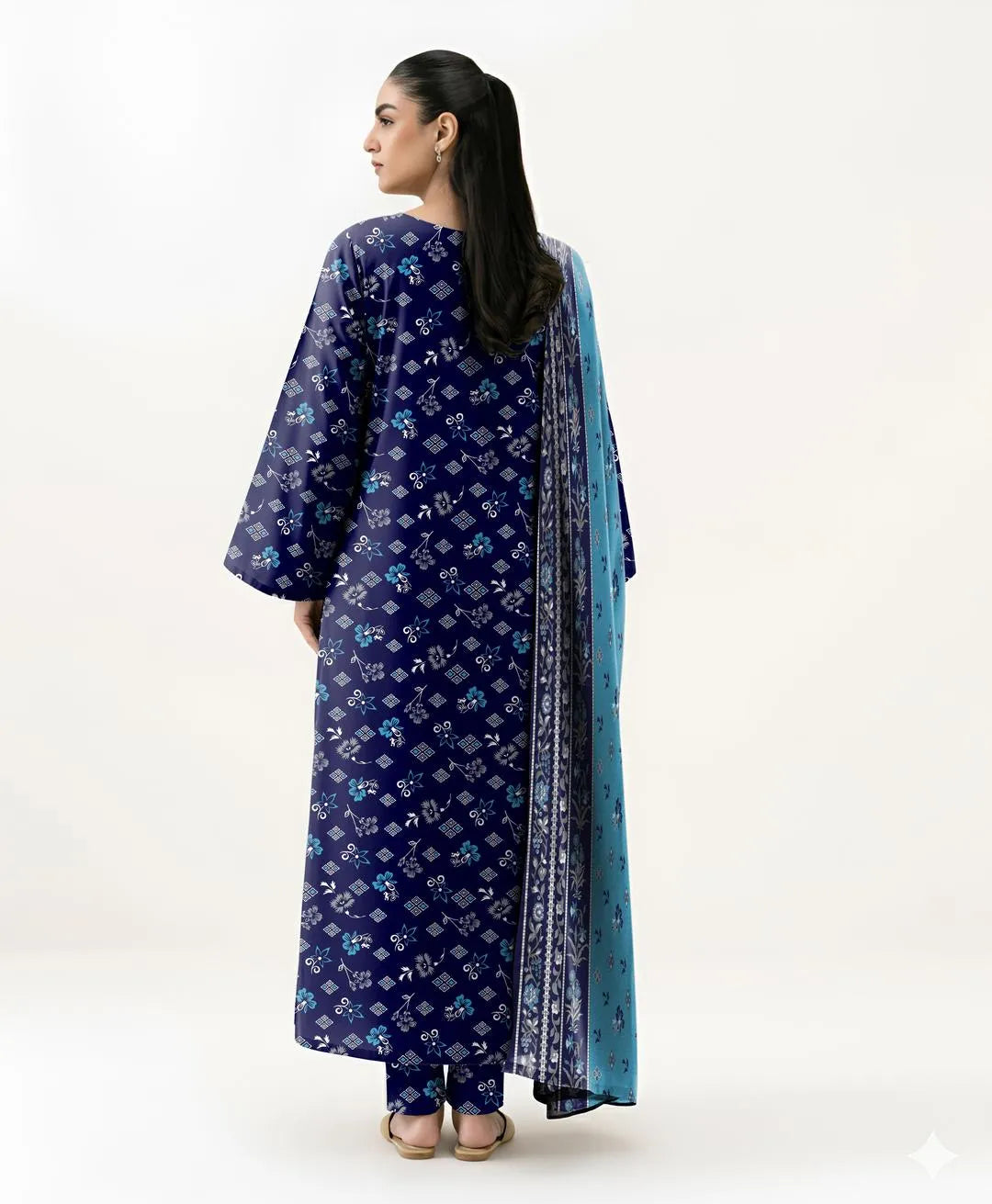 Blue Floral Printed 3-Piece Khaddar Suit for Women