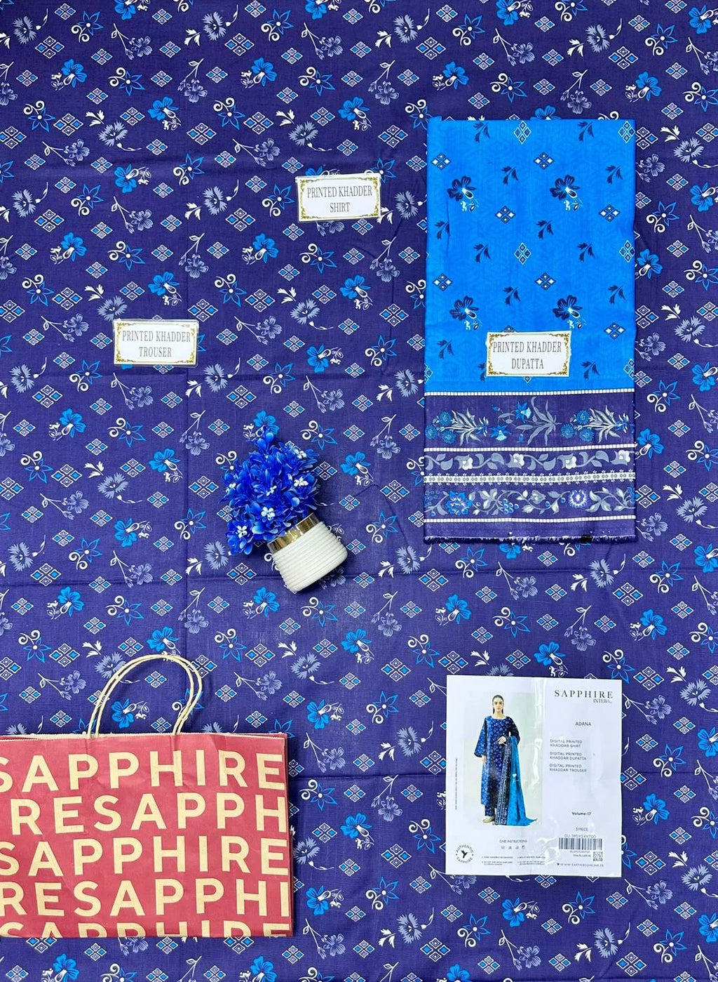 Blue Floral Printed 3-Piece Khaddar Suit for Women