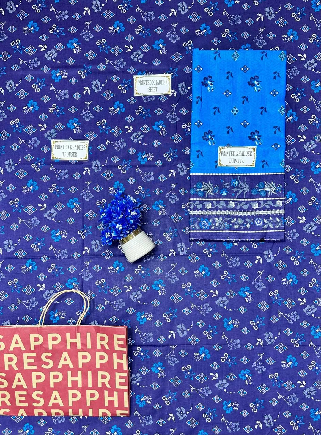 Blue Floral Printed 3-Piece Khaddar Suit for Women
