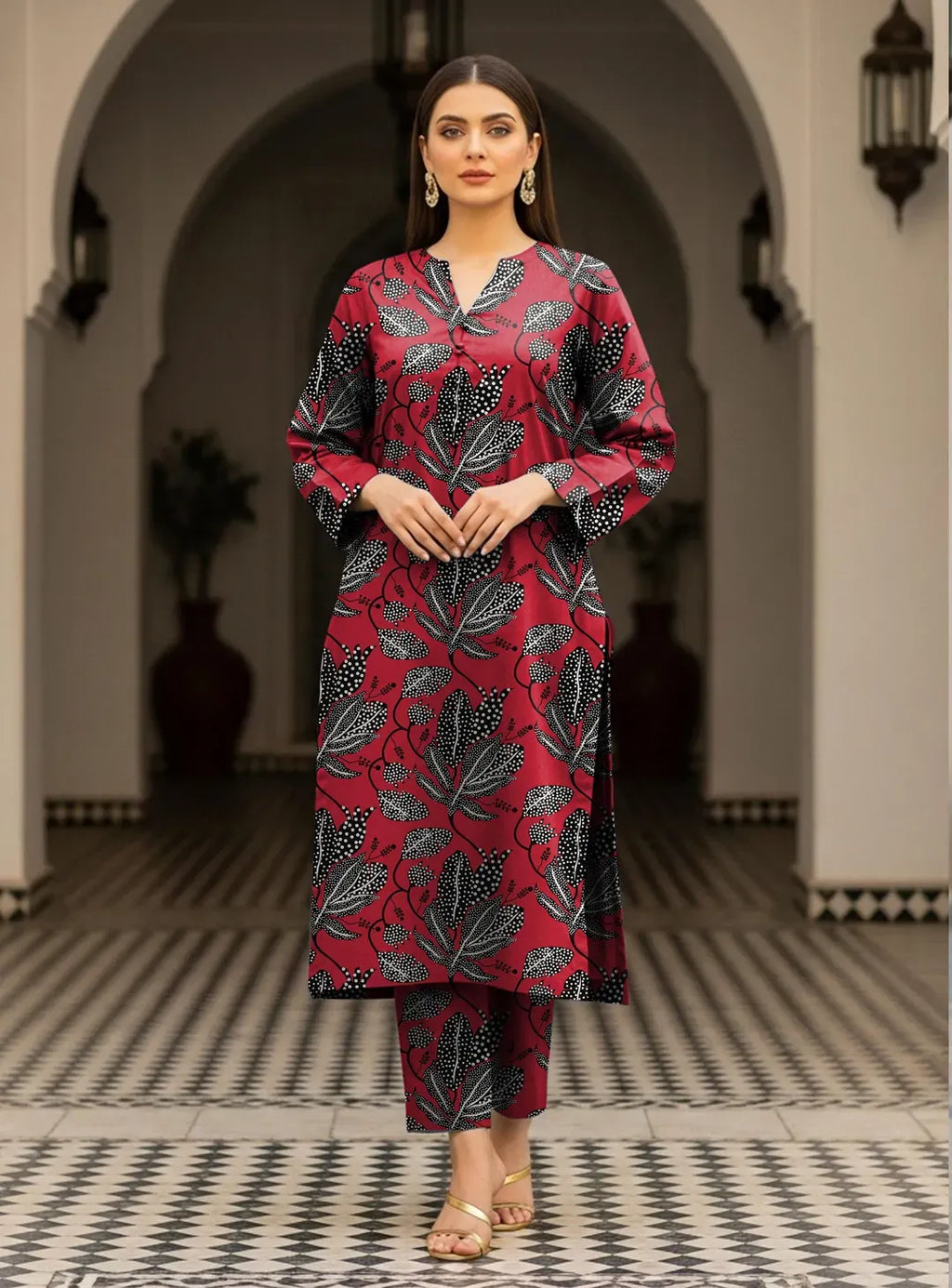 Maroon Printed Dobby Lawn 2Pcs Shirt Trouser Set