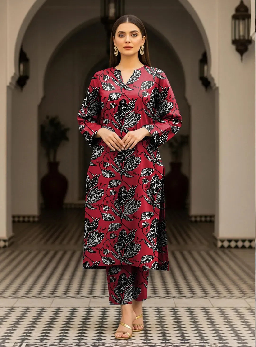 Maroon Printed Dobby Lawn 2Pcs Shirt Trouser Set
