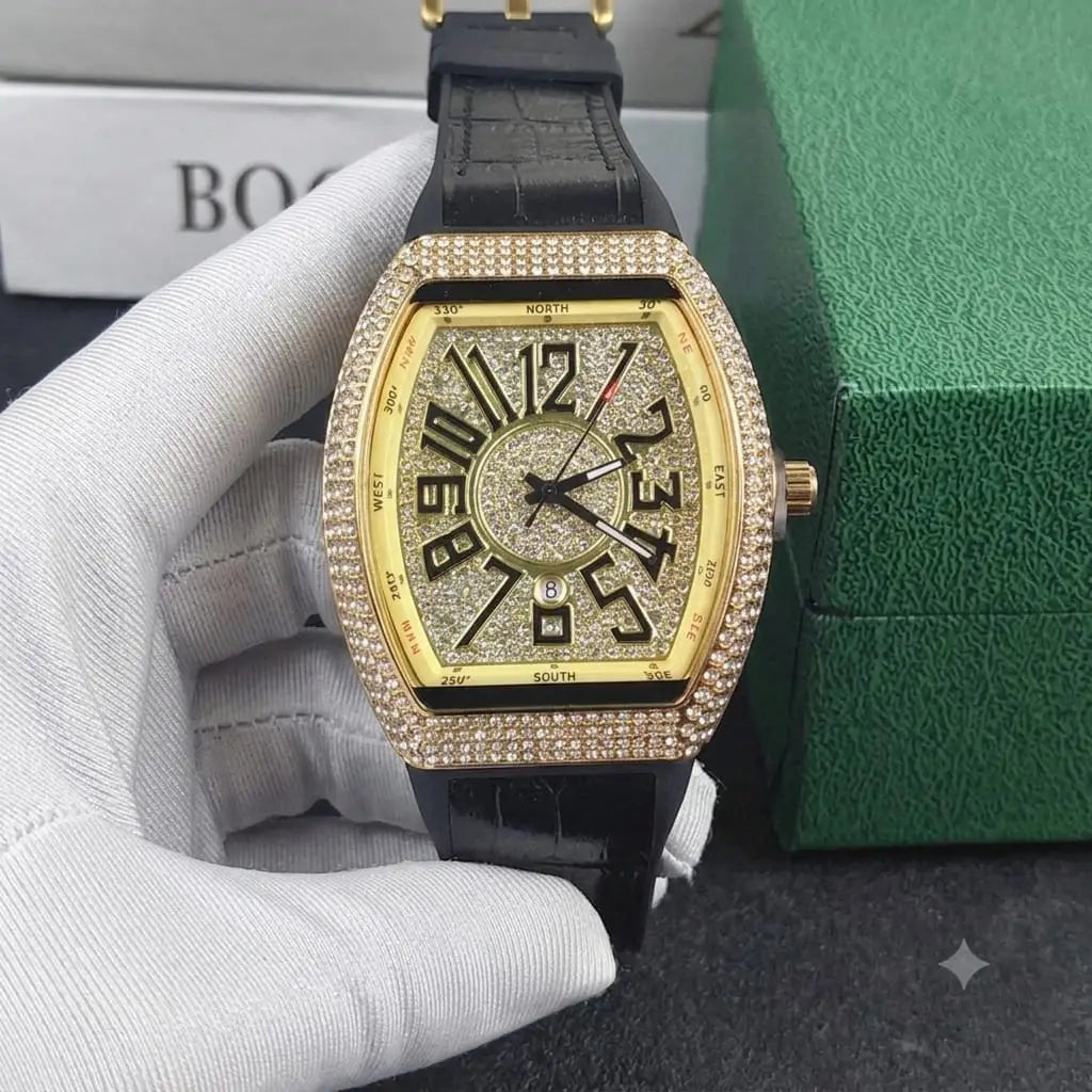 Diamond Stone Men's Luxury Fashion Watch, (Working Date & Premium Textured Strap)