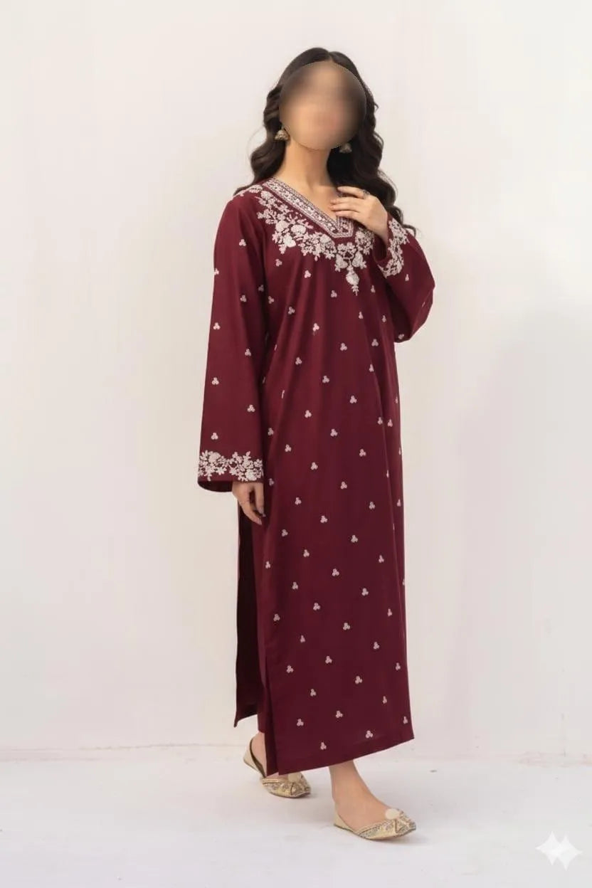 Maroon Embroidered Lawn Shirt with Cotton Trouser Set